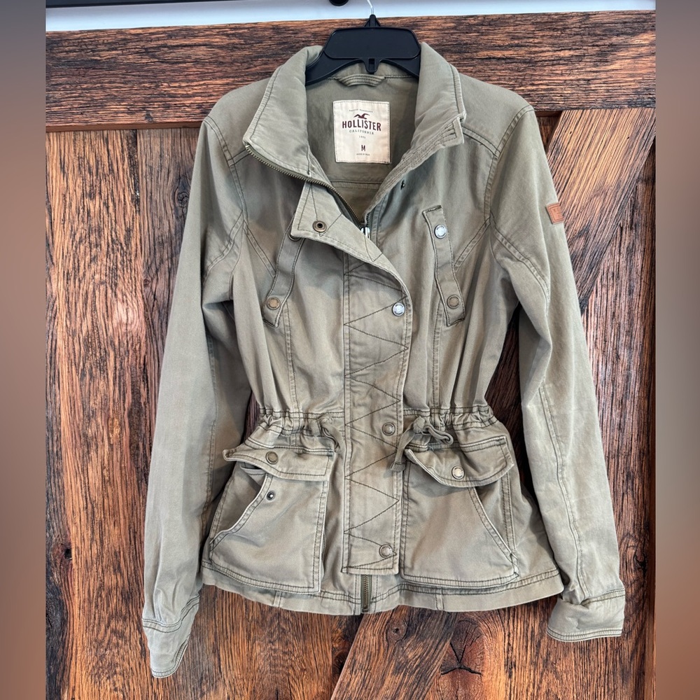 Hollister Womens Medium Military Jacket Green Cargo Cinch Waist